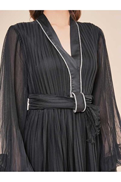 SERPİL Şifon Uzun Kollu Piliseli Kuşaklı Maxi Elbise 51120