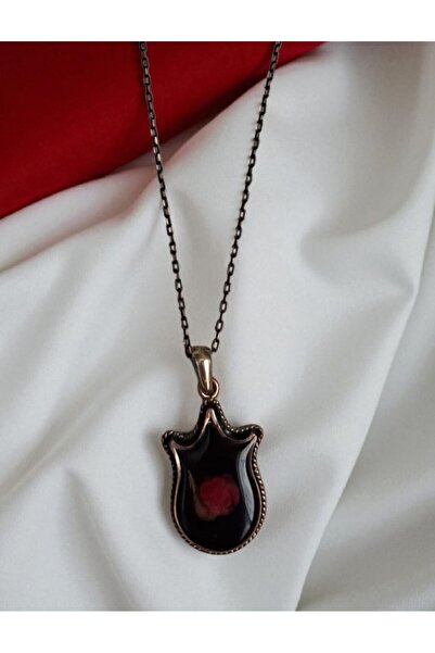 KUŞ TÜYÜ STORE Gerçek Gül Kurusu Bakır Çerçeveli Lale Kolye