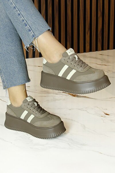 Erkan Saçmacı Brown Vegan Suede Round Toe Lace-Up Flatform Sole Casual Sneaker Sports Shoes