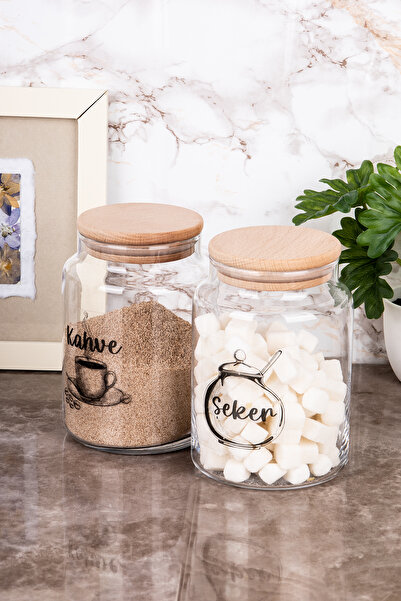 Minya Home 2'li Kahve & Şeker Saklama Kavanozu Ahşap Vakum Kapaklı Kavanoz Seti Saklama Kabı 800 ml