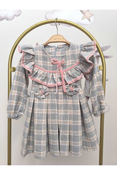 kidsense Ruffled Collar Bow Tie Checkered Girl's Dress