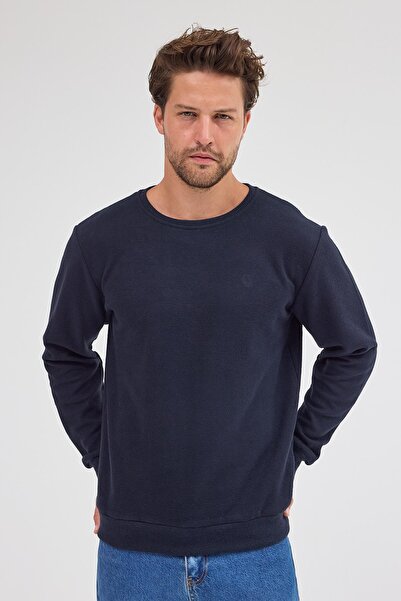 COMEOR سويت شيرت رجالي ذو رقبة دائرية من القطن ذو قصة عادية ومقاس قياسي باللون الأزرق الداكن