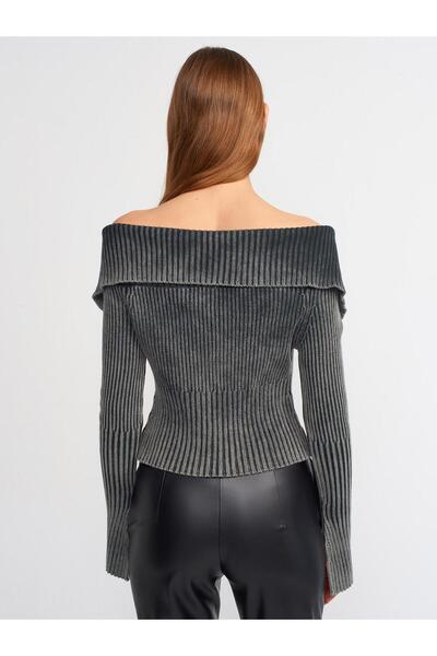 Dilvin 60206 Pale Effect Sleeve Slit Detailed Zippered Knitwear Cardigan-Anthracite