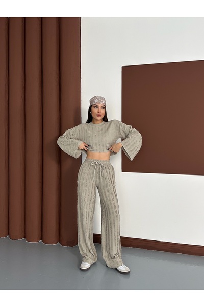 MODAMERSİ Women's Khaki Spanish Sleeve Ruffle Fabric Bottom Top Set