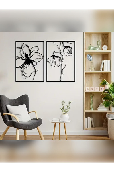 Maves Tasarım Minimal Çizgi Sanatı Çiçek Tasarımlı 3D Baskı Dekoratif Tablo (2’li Set)