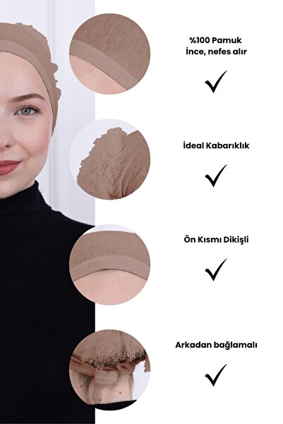 Loggia Ruffled Front Stitched Combed Cotton Bonnet - Women's Hijab Tie-On Bun Inner Bonnet-Mink