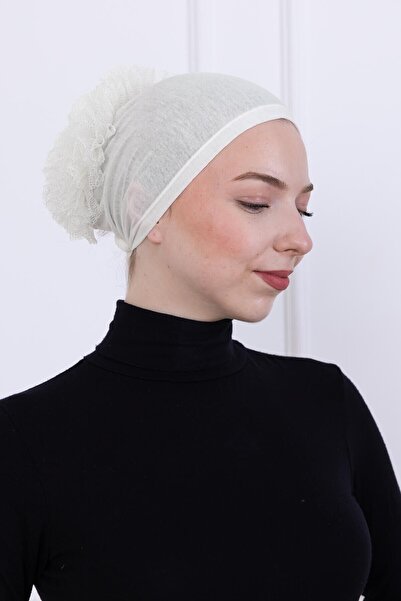 Loggia Ruffled Front Stitched Combed Cotton Bonnet - Women's Hijab Tie-On Bun Inner Bonnet - Ecru - Off-White