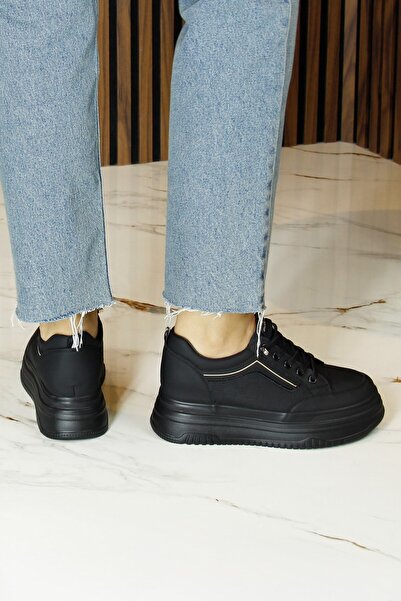 Erkan Saçmacı Black Vegan Round Toe Rubber Laced Flatform Sole Casual Sneaker Sports Shoes