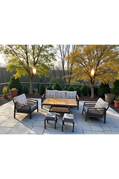 zerkaconcept Rose Masif Ahşap ve Metal Bahçe Balkon Koltuk Takımı 3+1+1+Masa+2 Puf