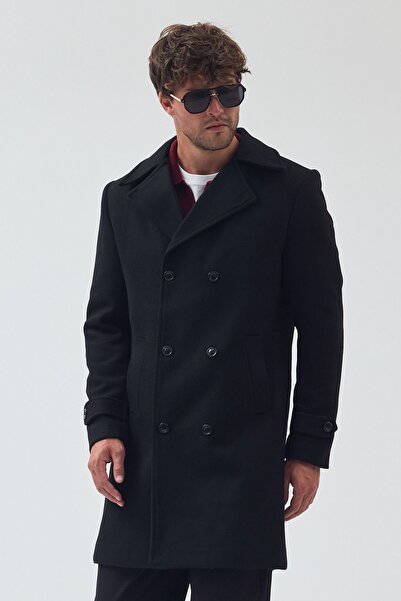 Jaglion Men's Relaxed Fit Windproof Long Black Cashmere Coat