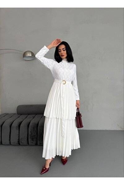 suphias Crepe Fabric Lace Detailed Belted Dress (Lined)