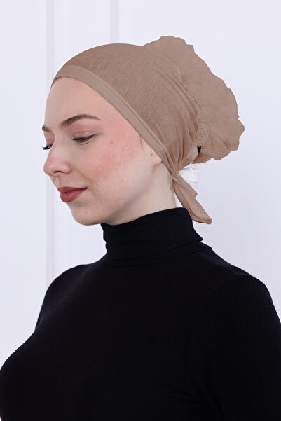 Loggia Ruffled Front Stitched Combed Cotton Bonnet - Women's Hijab Tie-On Bun Inner Bonnet-Mink
