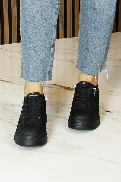 Erkan Saçmacı Black Vegan Round Toe Rubber Laced Flatform Sole Casual Sneaker Sports Shoes