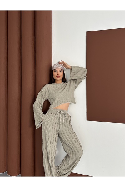 MODAMERSİ Women's Khaki Spanish Sleeve Ruffle Fabric Bottom Top Set