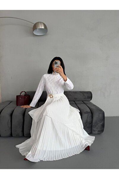 suphias Crepe Fabric Lace Detailed Belted Dress (Lined)