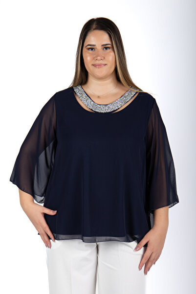 MEDOL GİYİM büyük beden yaka taşlı şifon abiye-bluz