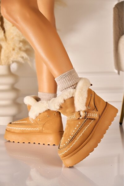 Joana Γυναικείες μπότες με επένδυση γούνας από τεχνητό σουέτ σε χρώμα καμήλας 37