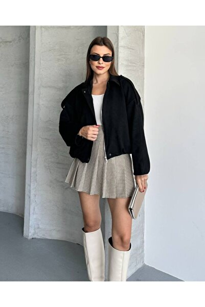 Store Kadın Siyah Oversize Bomber Süet Ceket