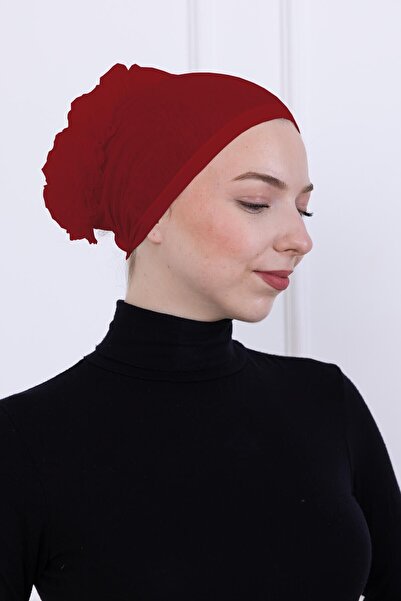 Loggia Ruffled Front Stitched Combed Cotton Bonnet - Women's Hijab Tie-On Bun Inner Bonnet - Burgundy
