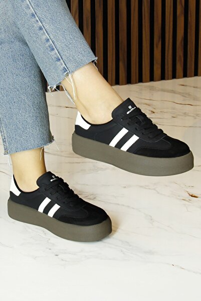 Erkan Saçmacı Black Vegan Suede Round Toe Lace-Up Flatform Sole Casual Sneaker Sports Shoes