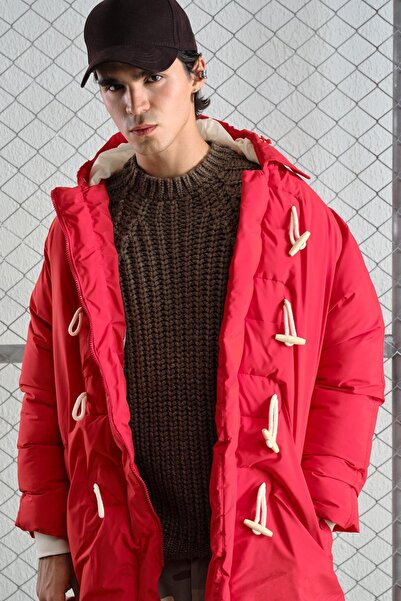 GIESTO KAPÜŞONLU UZUN ŞİŞME KIRMIZI MONT