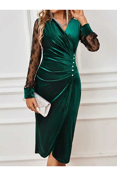 moda wanilia Kadın Kruvaze Yaka Yandan Düğmeli Önden Çapraz Kesim Detaylı Mini Boy Davet Nikah Abiye Elbise