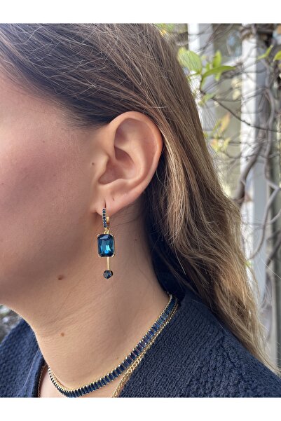 TUĞÇE TURAP 14K Çelik Mavi Taşlı 2’li Küpe Seti – Mavi, Yeşil, Mor Renk Seçen...