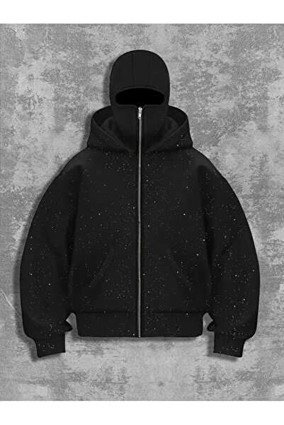 Gofeel Taş Baskılı Kar Maskeli Kapüşonlu Oversize 3 İplik Hırka