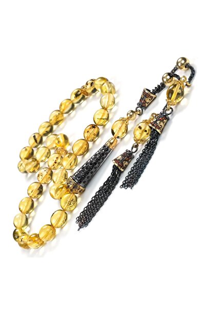 TESBİHCİBABA Drop Amber Prayer Beads with Zircon Stone Imam Set
