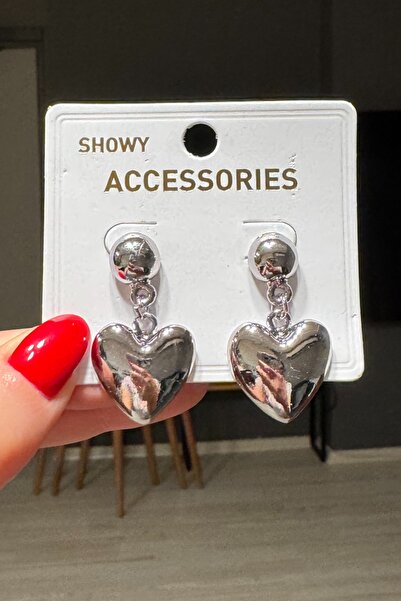 C&E Design Kadın Gümüş Renk Halka Kalp Sallantılı Küpe