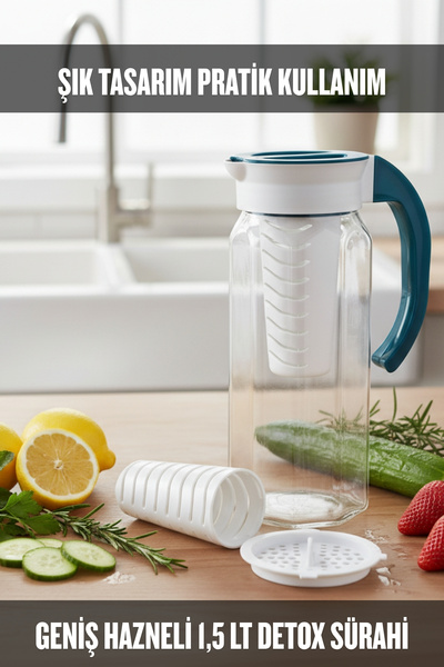 ELDİPA 1,5 L Cam Gövdeli Detox Sürahi Karaf –Geniş Hazneli,Plastik Kapaklı Sa...