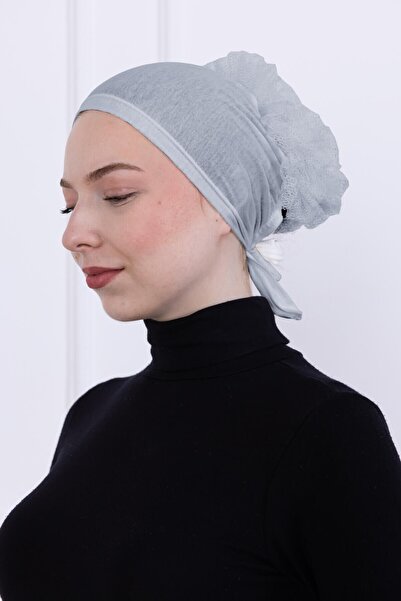Loggia Ruffled Front Stitched Combed Cotton Bonnet - Women's Hijab Tie-On Bun Inner Bonnet - Light Gray