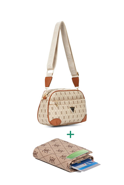 Newish Polo Kadın Monogram Desenli Uzun Askılı Çapraz Omuz Çanta Ve Cüzdan Ka...