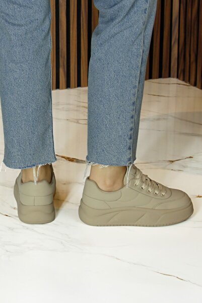 Erkan Saçmacı Khaki Vegan Round Toe Lace-Up Flatform Sole Casual Sneaker Sports Shoes