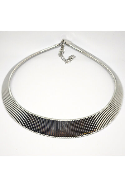 AVANGART DOKULU YATAY ÇİZGİLİ GÜMÜŞ RENGİ CHOKER KOLYE
