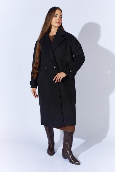TENA Women's Black Two-Button Oversized Long Coat with Epaulettes