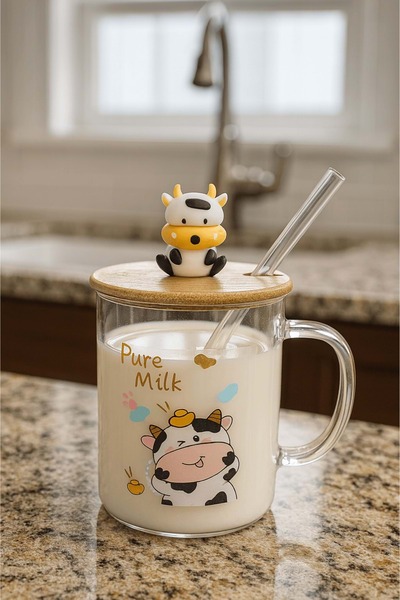 Jenisa Cow Figured Glass Mug – Soft Drink Glass with Bamboo Lid and Glass Straw - Pure Milk