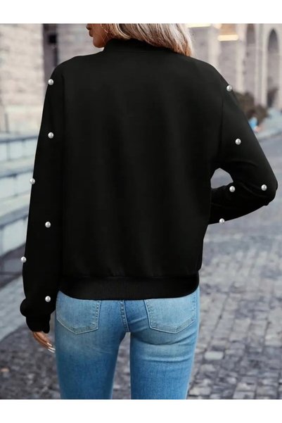 Kokosh moda Kadın Uzun Kollu Önden Fermuarlı Incili Kısa Modal Ceket