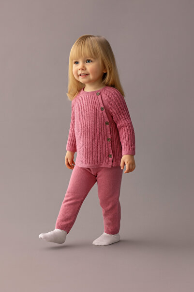 Eray Kids طقم ملابس محبوكة من القطن للفتيات الصغيرات مزود بأزرار مزخرفة - طقم...