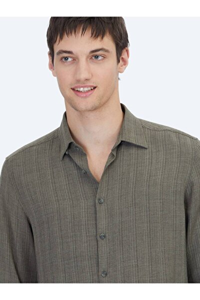 Kip Cămașă casual țesută cu linie kaki, cu croială obișnuită