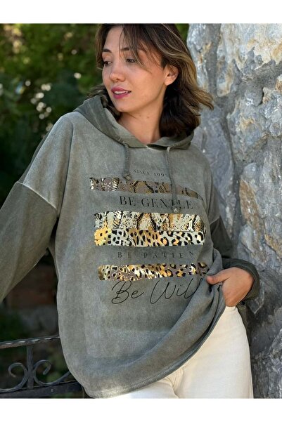 Punta Otantik Nc56152 Italian Leopard Print Hooded Sweatshirt Khaki