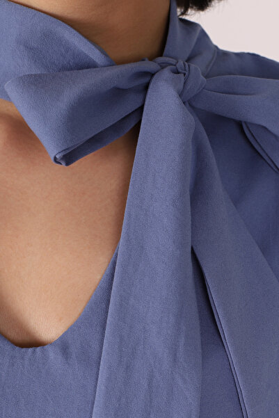 armonika Women's Dark Blue Tie Neck Elastic Sleeve Blouse Arm-25K001096