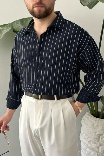 BayAygün 5080 Ipk Modal Rahat Kalıp Çizgili Gömlek _Lacivert
