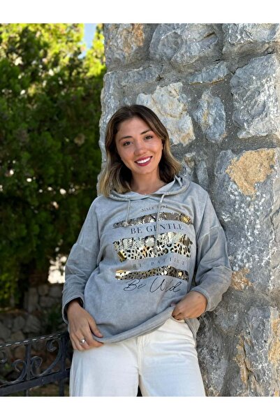 Punta Otantik NC56152 Hanorac italian cu glugă cu imprimeu leopard, gri