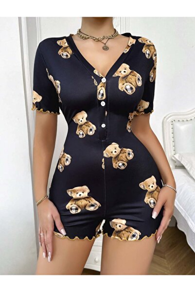 SiaLess Lingerie Women's Black Teddy Bear Patterned Short Jumpsuit Pajama Set