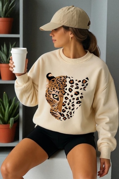 ArtYus Unisex Uzun Kol Kaplan Transfer Baskılı Bisiklet Yakalı Sweatshirt