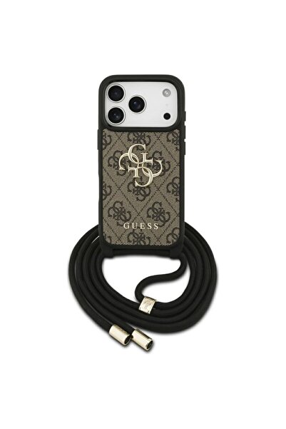 Guess Carcasă Crossbody Cord 4G cu logo mare pentru iPhone 17 Pro, maro