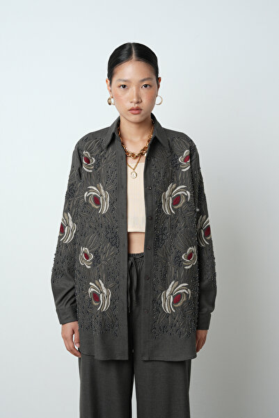 Orfeo Negro Women's Embroidery and Beadwork Oversize Cut Shirt