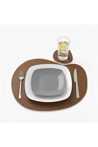 Grand Fine Art 2 Kişilik 4 parça Deri Kahverengi Amerikan Servis 30x44-Silinebilir Supla-Kendinden Bardak Altlıklı