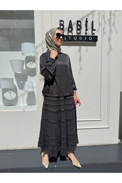 MissWhence 38025 Lace Detailed Silk Women's Suit Anthracite